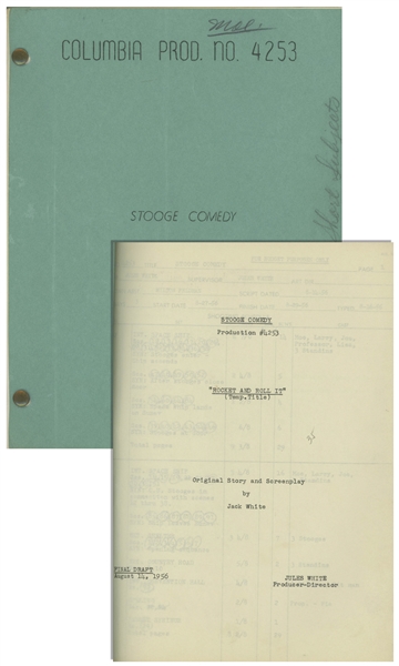 Moe Howard's 24pp. Script Dated August 1956 for The Three Stooges Film ''Space Ship Sappy'' -- With Moe's Annotations & Signatures & Additional 12pp. Script Changes, Shot List & Schedule -- Very Good